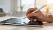 © Violet - Hand holding stylus pen over digital tablet with holographic math equations including Einstein formula calculus and geometry graph symbolizing modern education elearning STEM