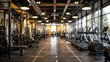 © Arham - Blurred gym interior fitness center background modern workout space health club exercise equipment weights treadmills industrial design bokeh aesthetic
