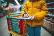 © nabakumar - child shopping with a list in hand, colorful cart