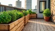 © oksa_studio - Urban rooftop garden with wooden planters and vibrant green herbs against city skyline backdrop sustainable living eco friendly healthy lifestyle