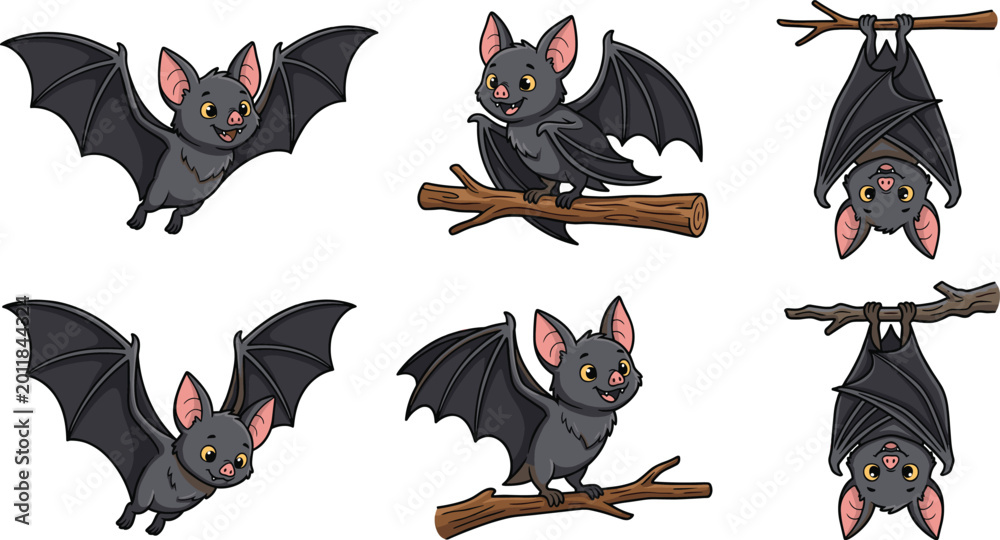Bat Cartoon Vector File Cute bat cartoon vector set with flying and hanging poses, adorable ...