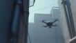 © vectorwin - Drone aircraft flying between tall buildings in a narrow urban alley, performing aerial surveillance, security monitoring, or package delivery operations in a futuristic smart city