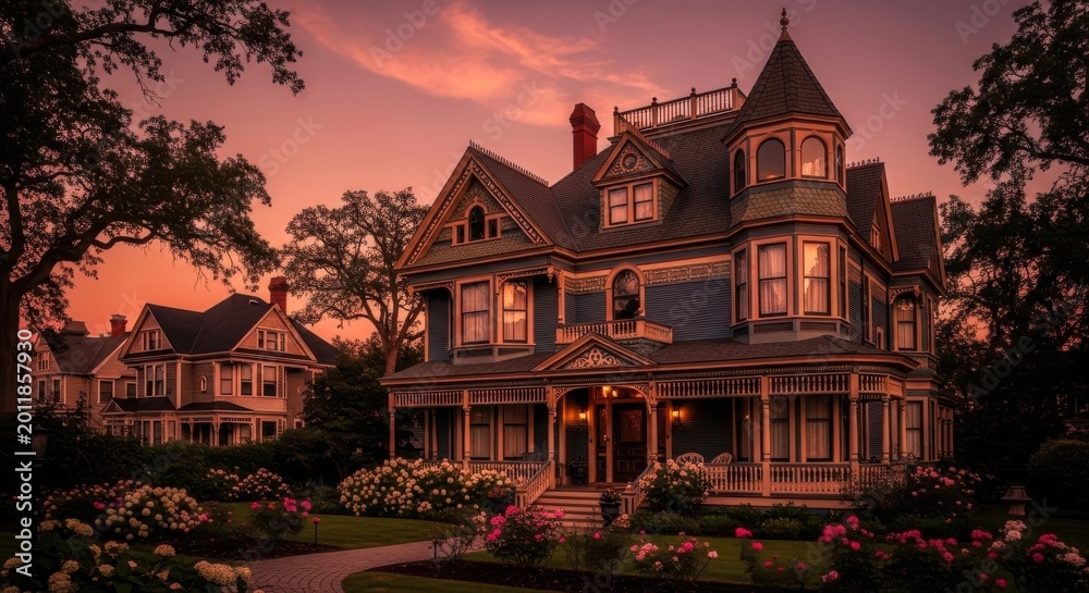 Grand Victorian Mansion with Ornate Gables and Towering Turret at ...