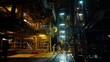 © vectorwin - Industrial workers in protective gear confer on a massive offshore refinery platform at night, surrounded by piping, metal structures and bright safety lights during operations