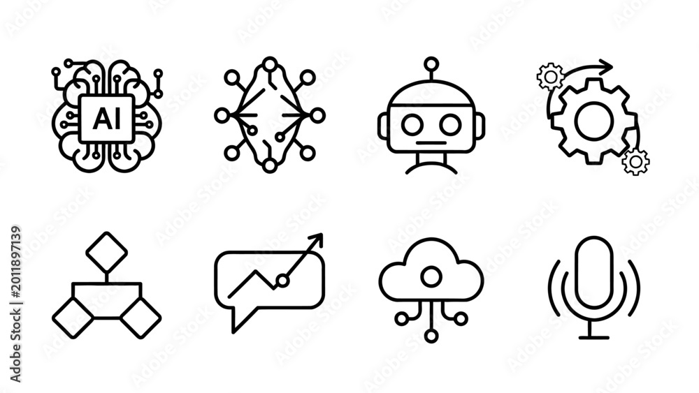 AI, robot, technology icons, line style, business, communication, cloud ...