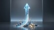 © Rakibuzzaman - Glowing blue arrow rising above futuristic city skyline with progress technology abstract business investment analytics strategy innovation development illumination