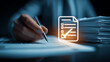 © Rosi - A hand signing documents beside a checklist icon, symbolizing contract approval, compliance review and organized paperwork management.