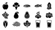 © Sohel - 15 Healthy Food silhouette icons apple broccoli fish avocado berries, solid black style, nutrition set