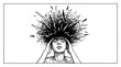 © Wera - Person suffering from stress or headache with chaotic thoughts exploding from head in minimalist engraving style