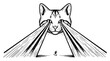 © Wera - Giant cat head shooting powerful light beams from eyes at a tiny running person in surreal woodcut style