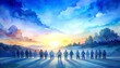 © Asrof - diverse group of people standing silhouetted against a vibrant sunrise sky, symbolizing unity and hope, with a watercolor texture effect