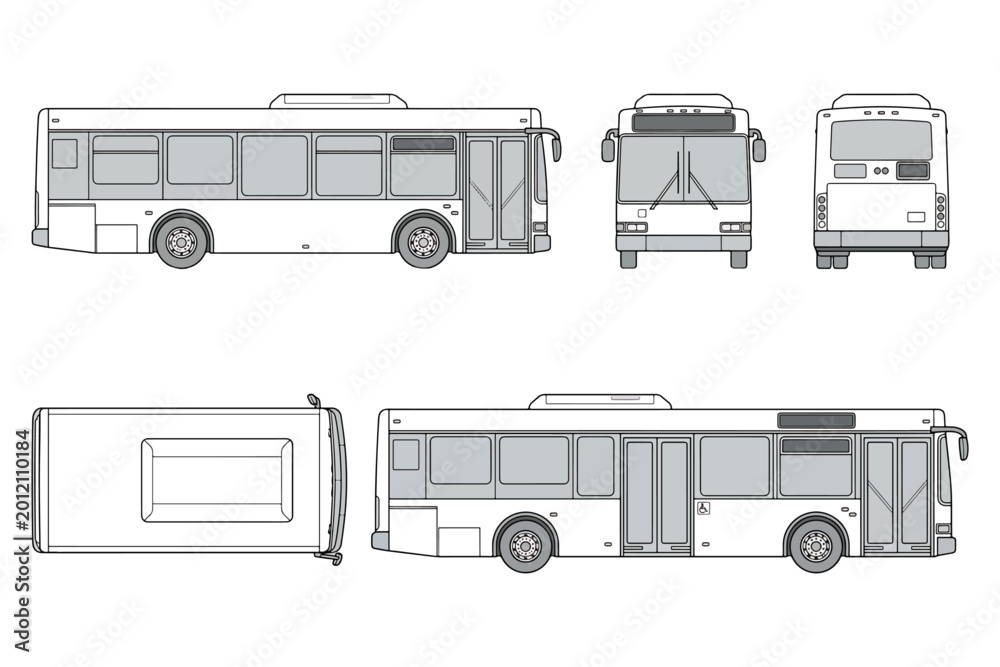 City Transit Bus Technical Drawing Blueprint - Vector Bus Elevations ...