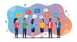 © Zoya - Illustration of diverse individuals engaging in a dynamic group discussion, fostering open communication, collaborative teamwork, and effective idea exchange in a vibrant social setting