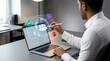 © Oji - Professional engaging with innovative holographic user interface projected from a laptop, demonstrating advanced augmented reality and future digital interaction in a modern office setting