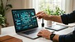 © banku - Man using a laptop displaying a futuristic interface with medical and scientific data