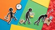 © Everlasting Dreams - Paper-cut stick figures track a descent from joyful morning energy to slumped, exhausted burnout. The bright, playful colors contrast sharply with the heavy, draining corporate fatigue