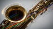 © Paul - Close view of a brass saxophone featuring artistic motion blur and vibrant prism light effects, capturing the essence of rhythmic performance, wind instrument, energy, texture