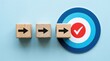 © syful - Three wooden blocks with black arrows pointing towards a target with a checkmark cube