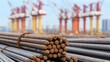 © 69 - Close-up view of rusty steel rods stacked at construction site with blurred cranes and urban background during daytime for industrial building project