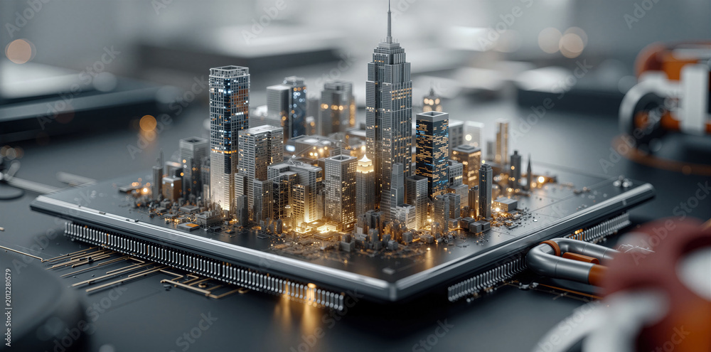 Compact urban scene with connections. Tiny metropolitan cluster ...