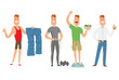 © Vectorvstocker - Male cartoon character weight loss success steps showing thumbs up, holding large pants, measuring waist, holding salad, standing scale, dumbbell exercising, healthy apple healthy lifestyle, slim