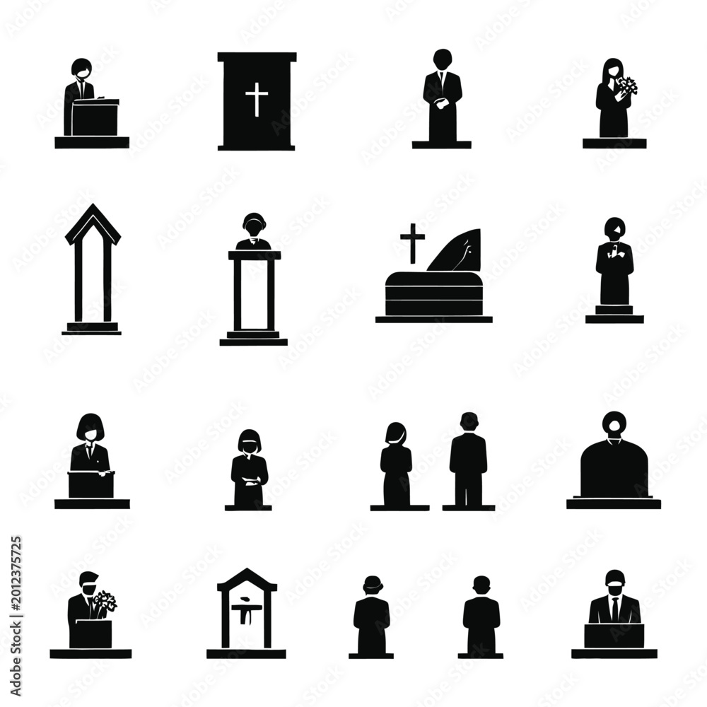 Mourn Icon Funeral, burial, and mourning icons, black silhouette symbols, 20 death ...