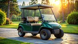 Green golf cart parked on path, sunlit trees and lush grass
