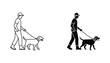 © Urban - Man walking dog on leash icon set in clean line art and solid black silhouette style for pet care