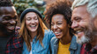 © Felipe - Diverse group of friends having a fun time outdoors, laughing and interacting, relaxed atmosphere, cultural diversity, natural light, candid smiles