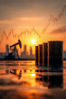 © Juri - Oil barrels stand near a pumpjack silhouette with a stock market chart overlay at sunset, representing crude oil extraction and energy market analysis