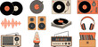 © Md - Retro music equipment collection featuring vintage vinyl records turntable player speakers radio headphones and lava lamp icons for nostalgic audio design
