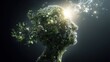 © na - Vibrant human profile made of lush plants and glowing neural networks with radiant forehead light in dark void.
