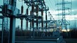 © PikePicture - Electrical substation with high voltage power lines and insulators connecting to large transmission towers, distributing energy across the grid at sunset