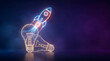 © Frendev - A glowing rocket lifts off from a transparent light bulb on a dark gradient background. Creative startup, invention, and breakthrough idea concept