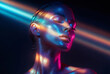 © Anastasiia - Subject: A woman with shimmering skin. Action: Illuminated by vibrant light, she appears to be meditating or lost in thought. Setting: A dark, abstract space with neon lighting.