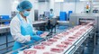 © Maryia - Masked worker inspects sealed meat portions on chilled food production line, showing hygiene, safety and quality control in modern processing plant.