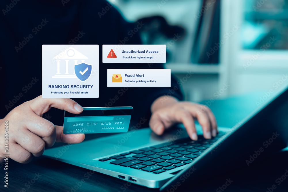 Online banking security concept with credit card, unauthorized access ...