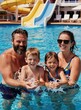 © Viktor - Family splash and laugh in pool on cruise ship deck. Parents and children enjoy water slides and fun vacation time together at sea. Adults and kids play and swim.