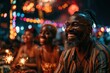 © whitestorm - Joyful Black people celebrating with sparklers and colorful bokeh lights at a festive outdoor event at night.