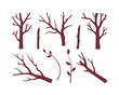 © Caleb - Minimalist bare tree silhouettes, dark brown winter branch vector set, leafless forest elements for seasonal landscape design and scrapbooking