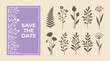 © MOTIONSTOCK ID - Save the date card featuring a lavender frame and botanical silhouette motifs on a neutral beige background for wedding invitations.