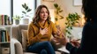 © Masque - A woman engaged in a deeply meaningful discussion during a therapy session in a cozy office.