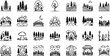 © victoria - Nature and Outdoor Adventure Line Art Icons Set: Forest, Mountains, Camping, and Landscape Monoline Glyphs