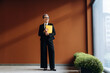 © standret - Businesswoman in black suit holding yellow folder stands confidently in modern office with large window and green plants against a warm brown wall