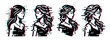 © David - Four beautiful women profiles with long hair and jewelry in a modern glitch effect vector illustration set