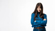 © wedmoments.stock - Young model in denim jeans and shirt posing on white studio background with minimal composition. Concept casual fashion and lifestyle.