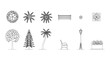 © ElementHub - Architectural Landscape Design Elements and CAD Blocks Collection with Top View Plan and Side Elevation of Deciduous Trees, Pine, Palm, Garden Bench, Streetlight, and Planter Box Vector Outlines