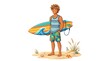 © Zanzaa - A cartoon illustration of a young man holding a surfboard standing on a sandy beach. He is wearing casual beach attire and appears ready to surf