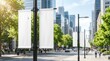 © Pinit - Urban street poles featuring blank white advertising banners for mockup design.