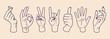 © Geetaroy - Peace sign hand gesture, rock and roll icons, thumbs up approval art, minimalist hand pose set, friendly communication line art, positive vibes hand doodles, clean vector gesture collection